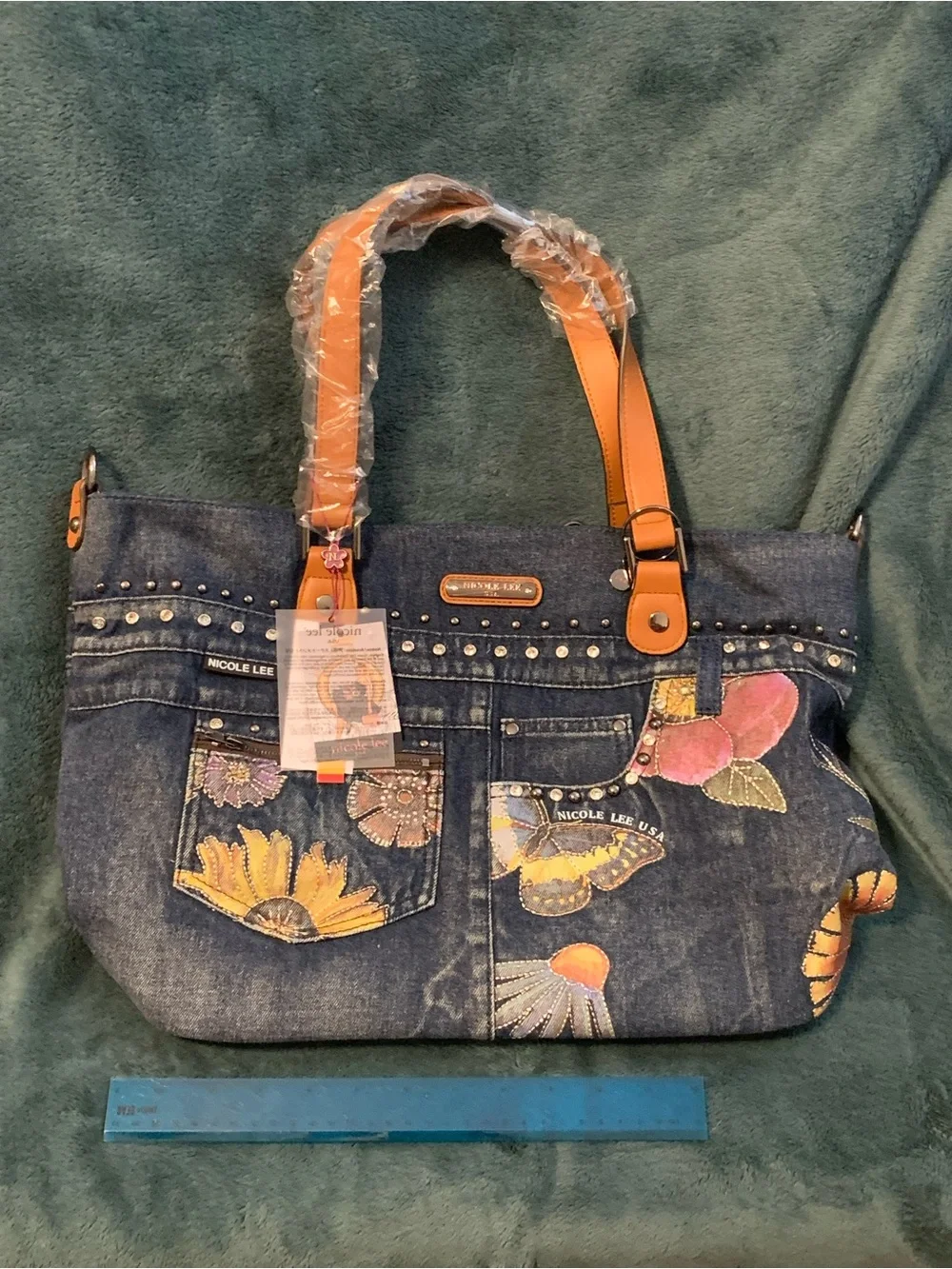 Nicole Lee Denim Floral Tote Bag in Blue